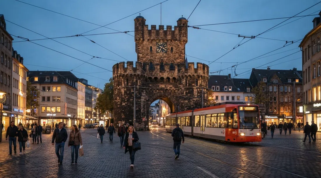 Severinstorburg über dem Chlodwigplatz in der Dämmerung, mittelalterliches Steintor umrahmt von Straßenbahndrähten und Gründerzeitfassaden