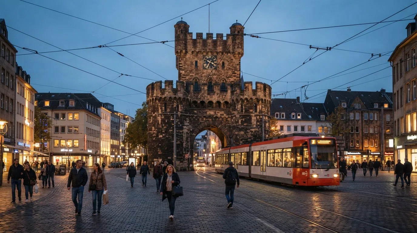 Severinstorburg über dem Chlodwigplatz in der Dämmerung, mittelalterliches Steintor umrahmt von Straßenbahndrähten und Gründerzeitfassaden