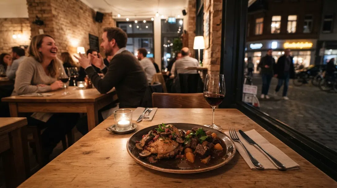 Ein von Kerzen beleuchteter Teller mit französischen Tapas bei Bagatelle Südstadt, mit Coq au Vin und Rinder-Bourguignon an der Teutoburger Straße
