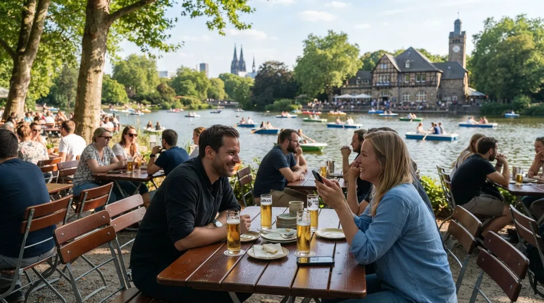 Hellers Volksgarten Biergarten am Teich im Volksgarten, Kölschgläser auf Holztischen und Tretboote auf dem Wasser
