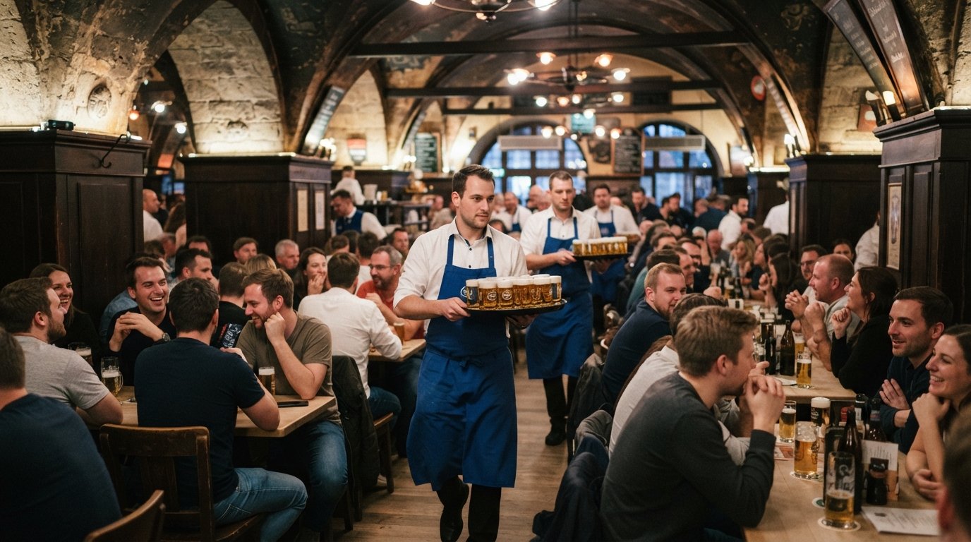 de hvælvede sale i Früh am Dom fyldt med Köbes-tjenere, der bærer bakker med Kölsch Stangen, varm messing og træ under domkirkesiden travlhed