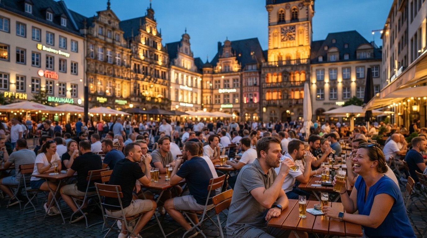 Alter Markt på en varm sommeraften, borde flyder ud på pladsen under gamle facader, bryggeriskilte lyser, og folk drikker Kölsch udendørs