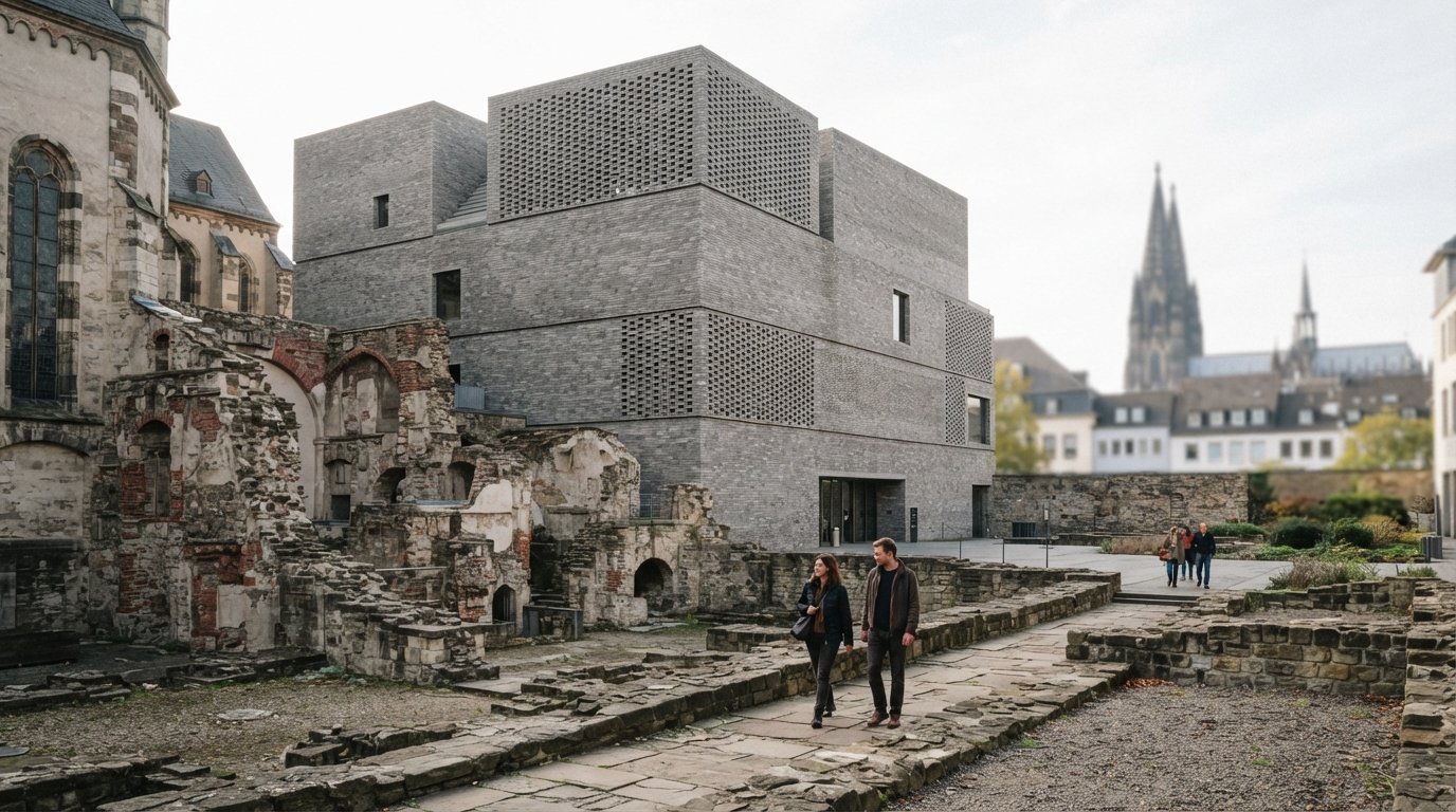 Kolumbas grå murstensfacade dukker op fra ruinerne af St. Kolumba, med den tilbageholdende facade og arkæologiske lag synlige i blødt dagslys