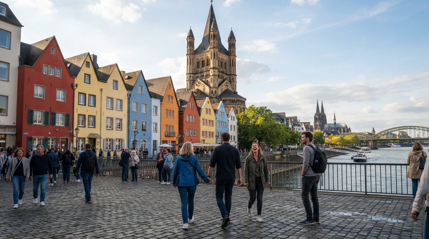 Fischmarkt med skarpmalet gavlhuse under Groß St. Martins fire-tårnede romanske tårn, flodlys reflekteres på facaderne
