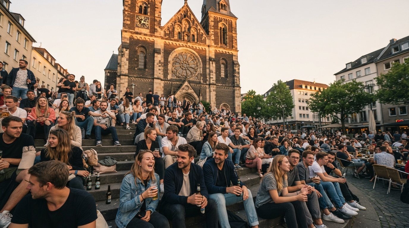 Brüsseler Platz in Cologne at golden hour, people sitting on the church steps of St. Michael with drinks as the square fills up