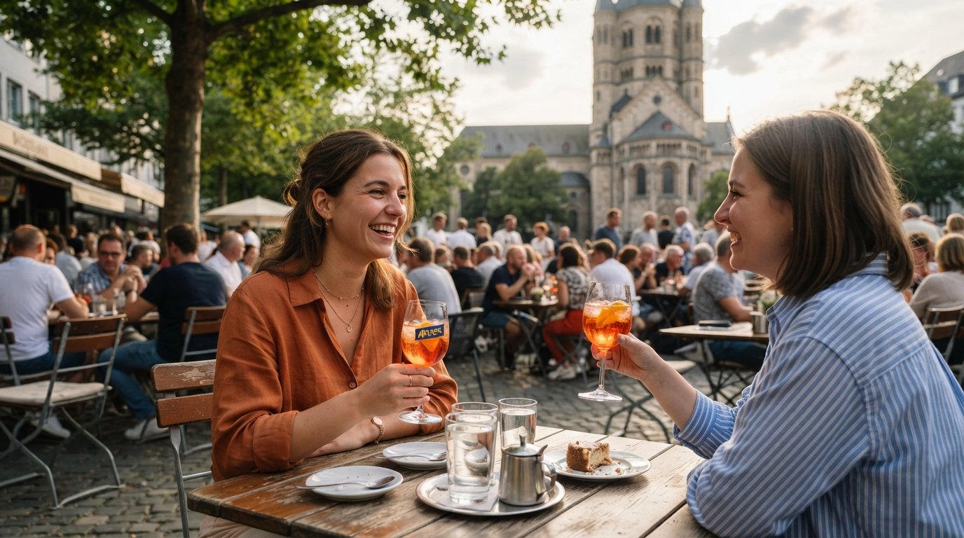 Rosa on Brüsseler Platz in Cologne, café tables with coffee and cake by day and aperitivo glasses as the square fills outside