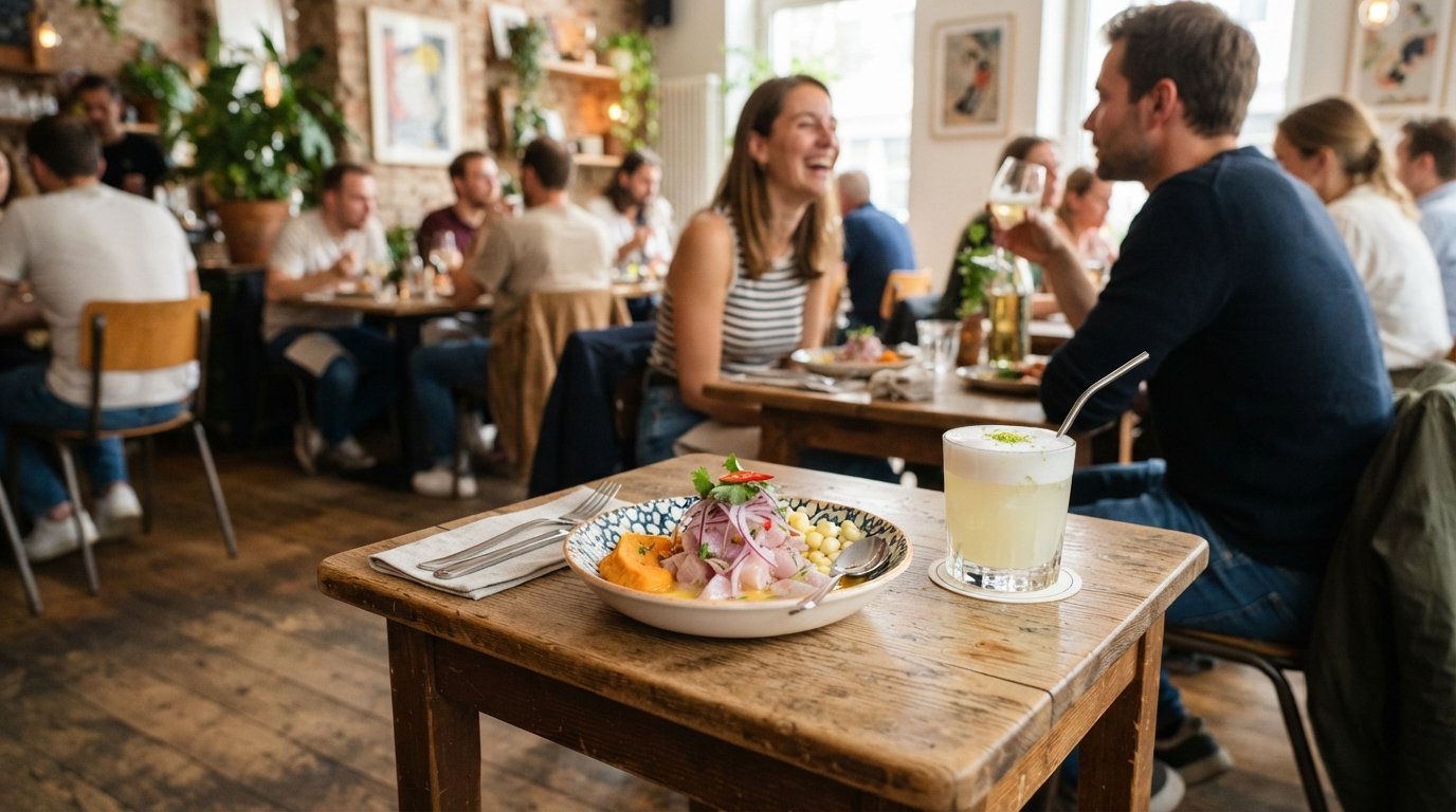 a ceviche sharing plate and pisco sour at Tigermilch on Brüsseler Straße, bright modern plating on a small table