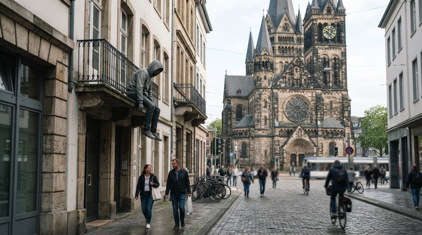 the Mark Jenkins balcony sculpture opposite St. Michael in Cologne, a hyper-real grey hooded figure on a first-floor railing